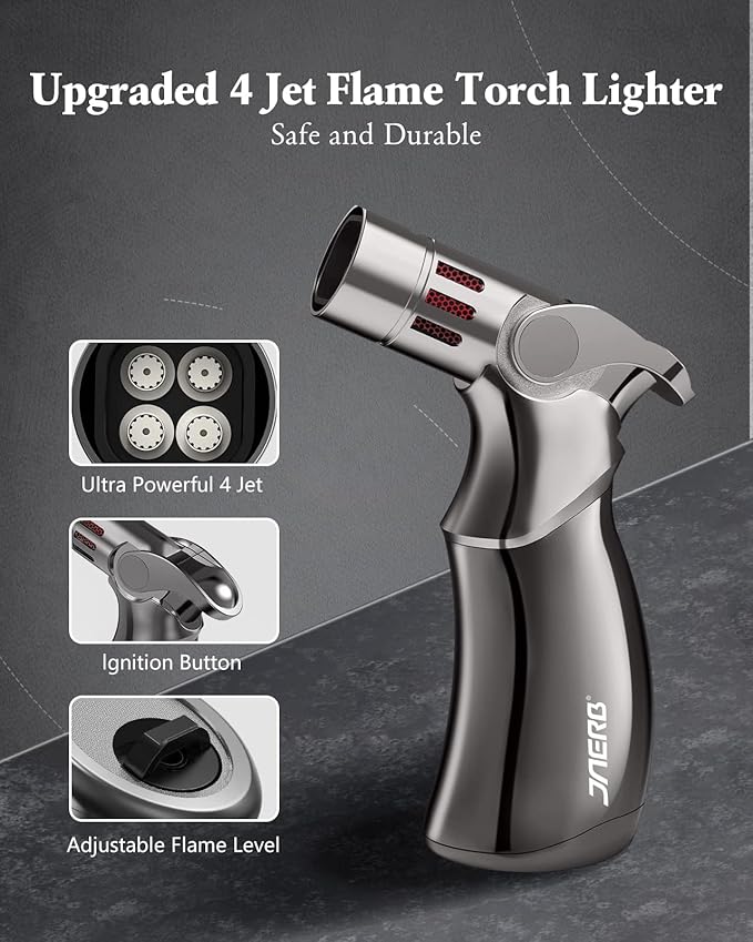 Torch Lighter, Adjustable 4 Jet Flame Refillable Butane Fuel Lighter Windproof Mini Butane Torch Lighter for Grill BBQ Gas Fireplace Fire Camping (Butane Gas Not Included) (Black)
