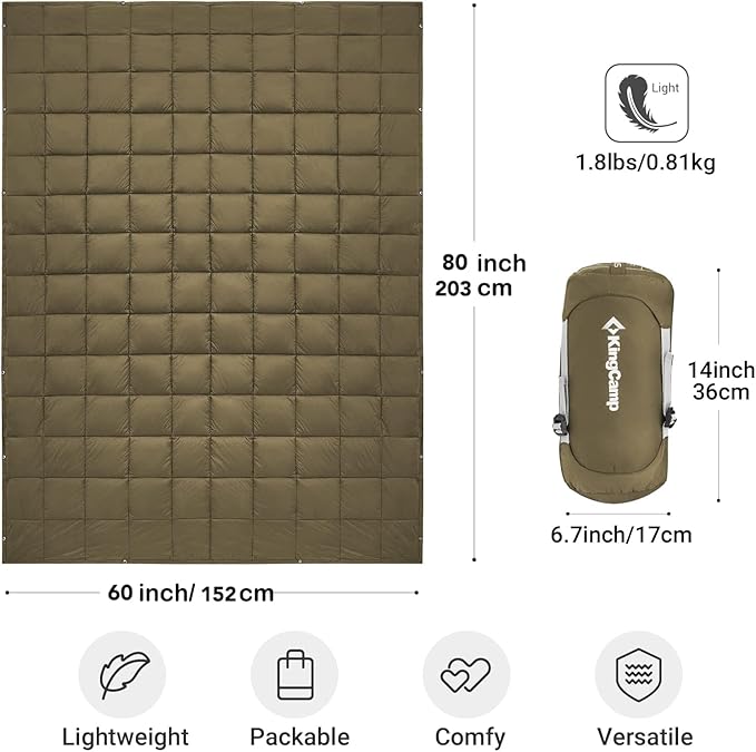 KingCamp Lightweight Camping Blanket, Multifunctional Wearable Warm Compact Water-Resistant Blanket for Cold Weather, Travel, Outdoor, Hiking, Backpacking, Stadium, 620 FP, Olive