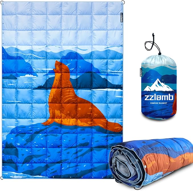 zzlamb Camping Blanket, Lightweight Cloak Puffy Down Alternative Travel Blanket, Portable & Windproof Warm Outdoor Blanket, Cozy Quilt Plane Car Picnic Hammock Beach Backpacking, 52x75in