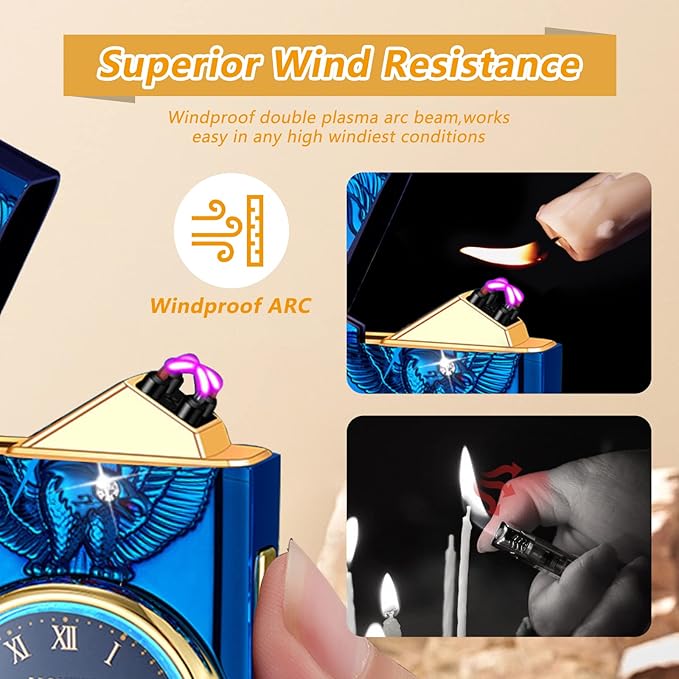 Plasma Dual Arc Lighter Electric Lighter Rechargeable Windproof Flameless Lighter,Luxury Metal Lighters with Flashlight(Blue)