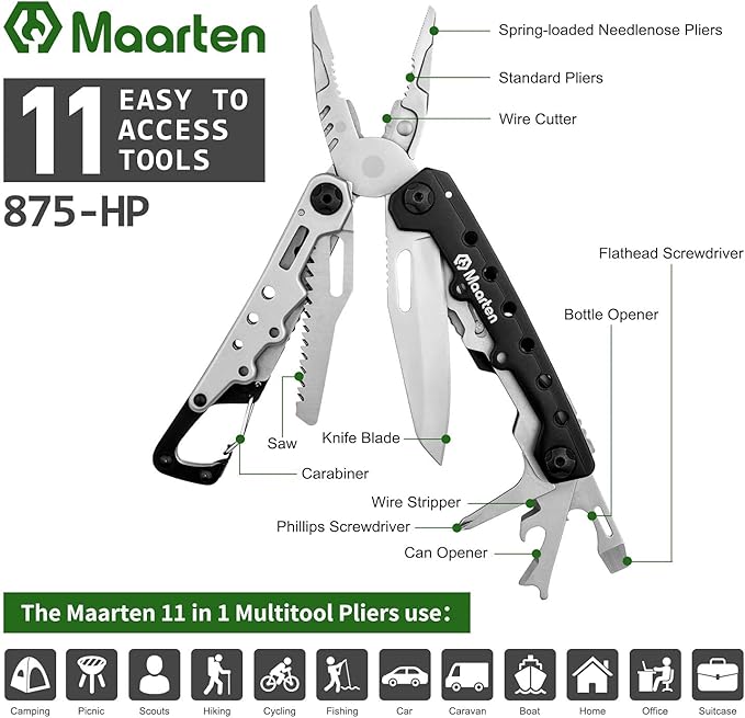 Maarten Multitool, 11 in 1 Hard Stainless Steel Multitool Pliers with Safety Locking, Camping Multi Tool Gifts for Men, Multi-pliers with Folding Saw, Bottle Opener, Screwdriver, Sickle, Nylon Sheath
