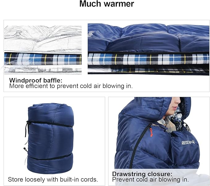 REDCAMP Flannel Sleeping Bag for Adults, Comfortable Cotton Sleeping Bags for Camping with Detachable Hood, Red/Grey/Blue