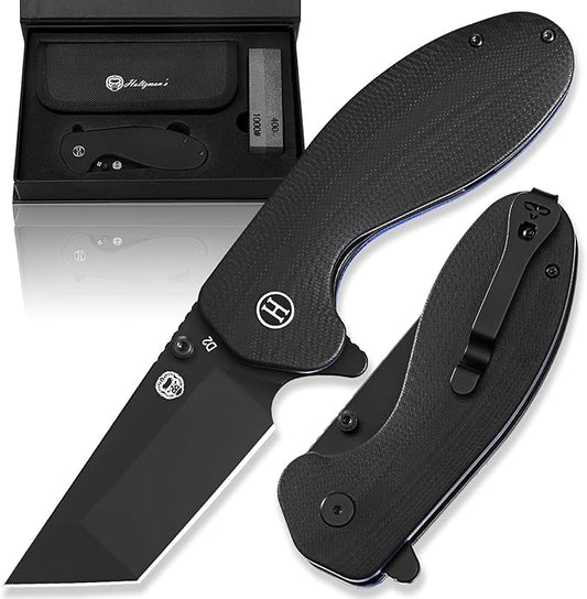 Holtzman's Gorilla Survival 'Patriot' Folding Knife featuring D2 Steel Blade with G10 Handle in Gift Box Set (Black+Blue)