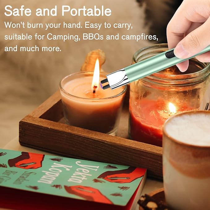 REIDEA Electric Lighter S4 Pro Candle Lighter, Windproof Flameless USB Rechargeable Arc Lighter with Safe Button and Power Indicator for Candle, BBQ and Fireworks, Mint Green
