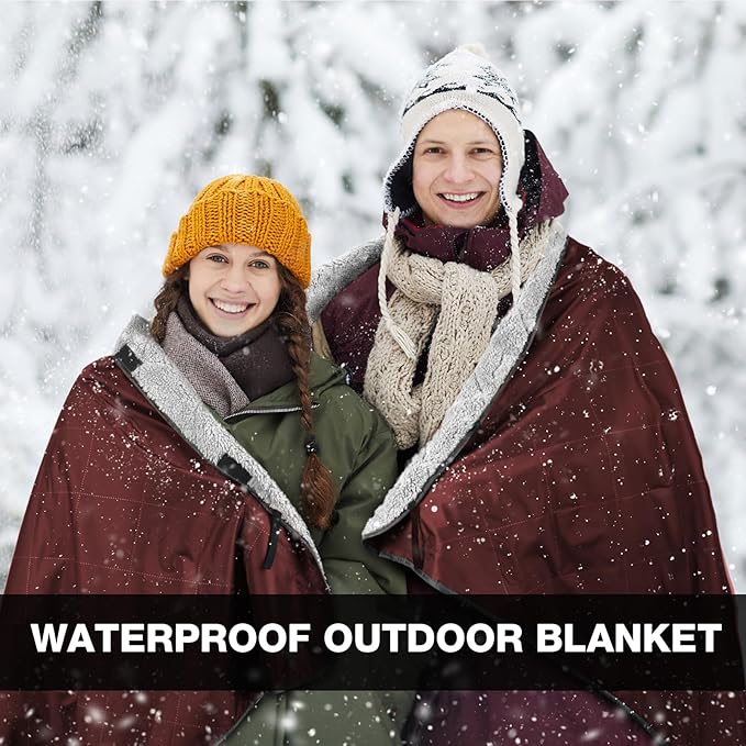 DUKUSEEK Outdoors Waterproof Throw Blanket with Hood, 79”x 59” Sherpa Fleece Stadium Windproof Blankets for Boat, Traveling, Camping, Football, Dogs, Outdoor Sporting Events-Machine Washable