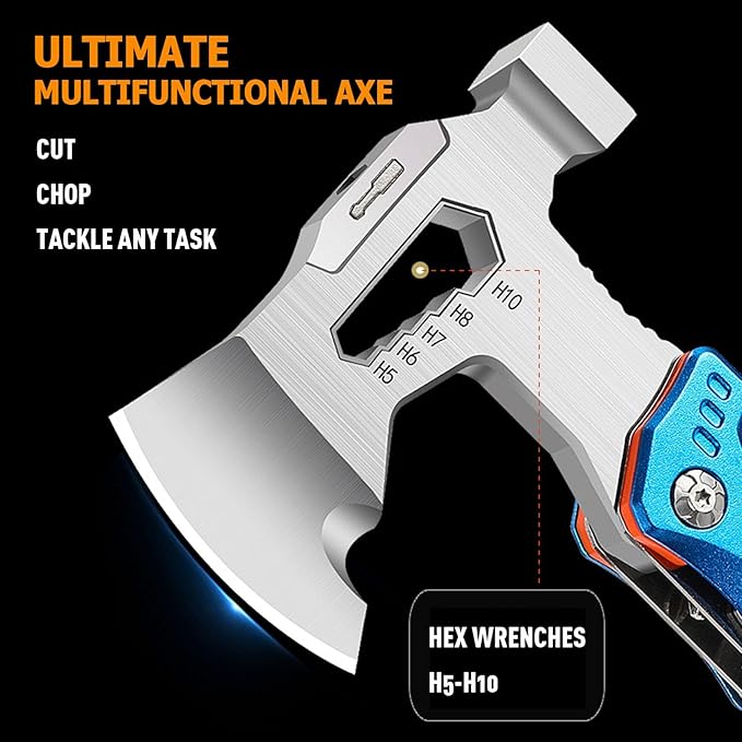 Camping Axe Multitool 17 IN 1, Foldable Camping Essentials Survival Gear Hatchet with Knife, Adjustable Wrench, Hammer, Screwdriver, Outdoor Multi Tool Stainless Steel Mens Gifts(Blue)