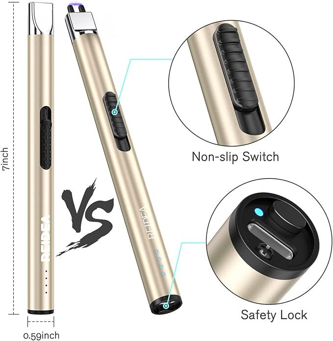 REIDEA Lighters 2 Pack S4 Pro Electric USB Rechargeable Safety Lock with LED Battery Indicator Flameless Windproof Arc Plasma Lighter for Candle, Fireworks (Champagne Gold)