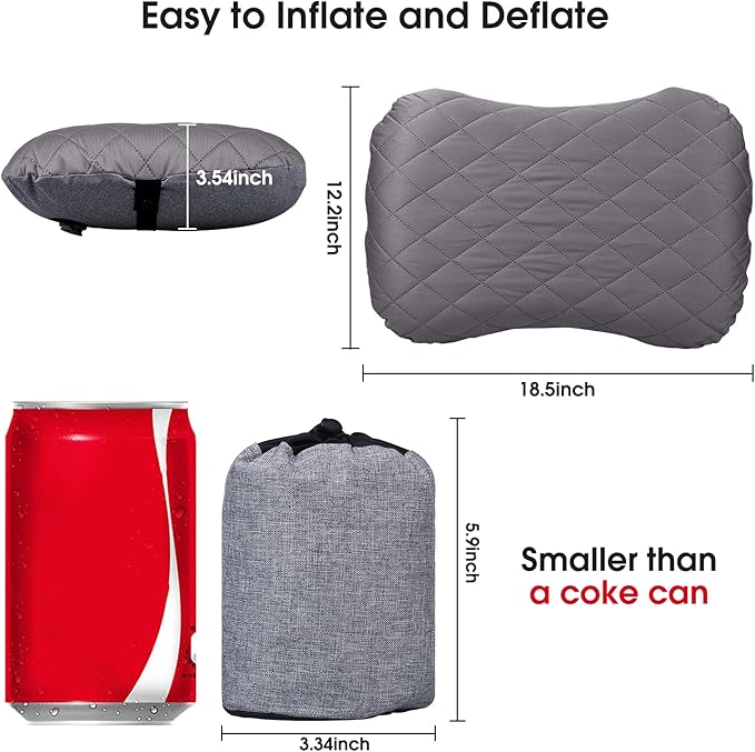 Inflatable Camping Pillow with Removable Cover - Ultralight Compact Camp Pillows for Sleeping, Backpacking, Hiking, Beach, Outdoor - Portable Blow Up Air Travel Pillow for Neck & Lumbar Support - Grey