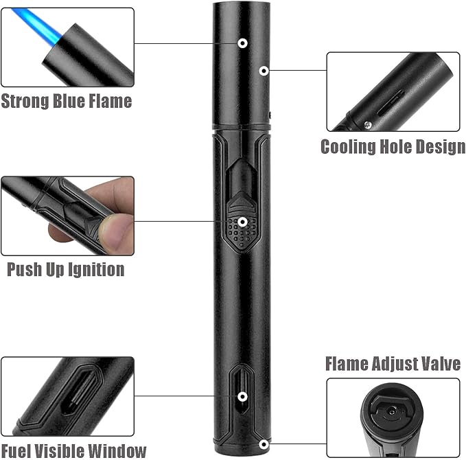 Anrapley Lighter, 6.0in Long Butane Torch Lighter with Fuel Level Window, Windproof Pen Lighter Adjustable Jet Flame for Candle Fireplace Grill Kitchen BBQ, Dad Gifts, Black(Gas not Included)
