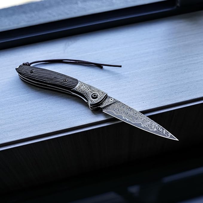Handmade Damascus Steel Folding Pocket Knife with Leather Sheath,Ebony Wood Handle Thumb Stud Knives for Men EDC Hunting Camping EDC,Piscis Austrinus-01E