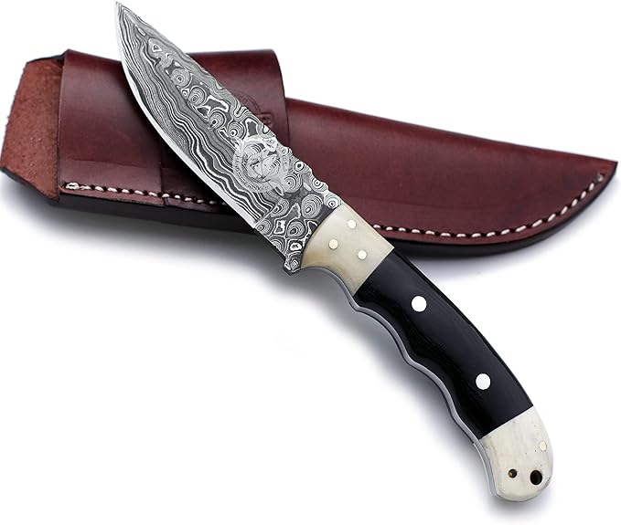 Handmade Damascus Steel Fixed Blade Bowie Knife for EDC,Hunting,Survival,Camping,Bushcraft,and Fishing with Drop Point Full Tang Bone Handle with Cowhide-Leather Sheath - WKD-783