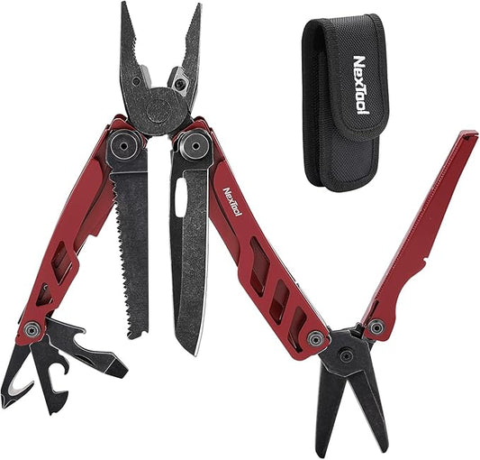 NexTool Flagship Pro, Multi Tool, Multitool Pliers with Big Folding Scissors, Replaceable Wire Cutters and Safety Locking, Multi Tool Pocket Knife, Survival Tools with Glass Breaker, Gifts for Men-Red