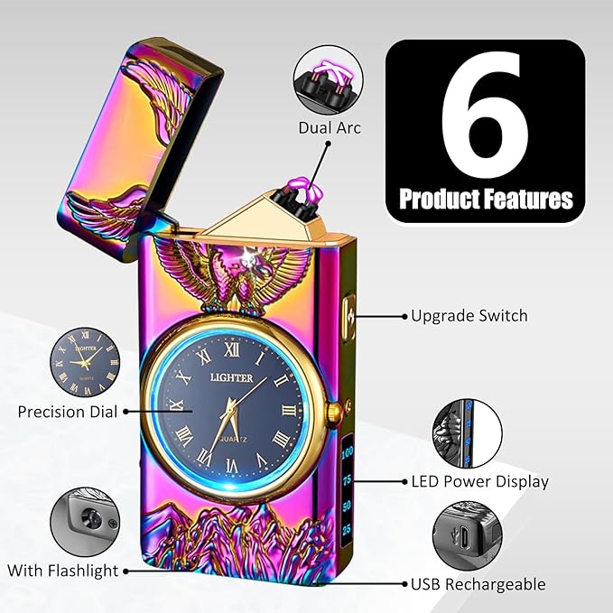 Cool Lighter with Clock Dial Electric Lighter with LED Power Display Plasma Lighter Windproof USB Rechargeable Lighter Gifts for Men Women (Eagle-Magic)