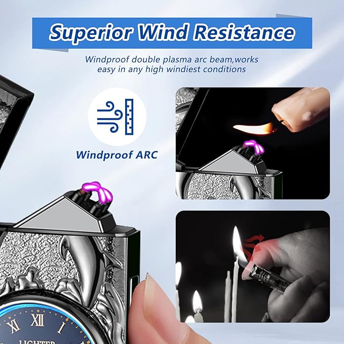 Electric Lighters Rechargeable USB Lighter Flameless Windproof Plasma Arc Lighters with Watch dial Electronic Lighter Candle Unique Fancy Cool Lighters for Candle (Black)