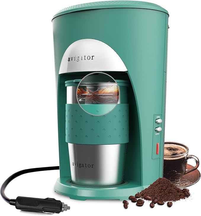 Portable Coffee Maker for Travel Camping Car, Ground Coffee Machine Single Serve with 10 oz Travel Mug for Traveling, RV, Office, Home and Dorm, 12V, Green