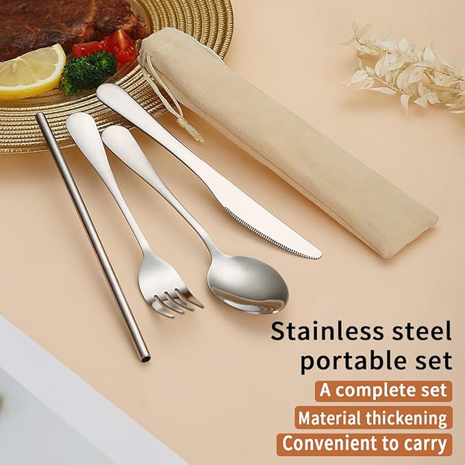 Kyraton Camping Silverware Set 4 Pieces with Portable Base, Stainless Steel Flatware Camping Utensil Set Travel Cutlery Set for Outdoor Picnic Office School Farm Work Lunch Box