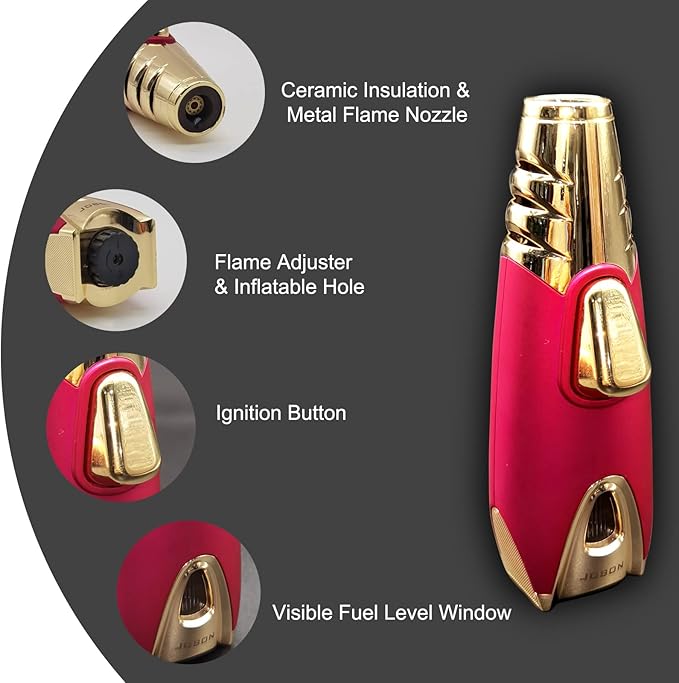 JOBON Pocket Torch Lighter, Gift Idea (Butane Free), Professional Reusable Single Jet Flame Gas Lighter, Kitchen BBQ Camping Candle (Pink)