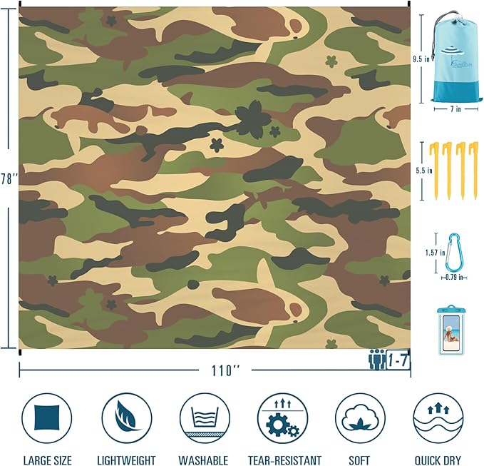 Beach Blanket Sandproof Waterproof 78''×110'' 1-7Adults Oversized,Compact Lightweight Durable Beach Mat for Travel Camping Hiking Picnic Blanket