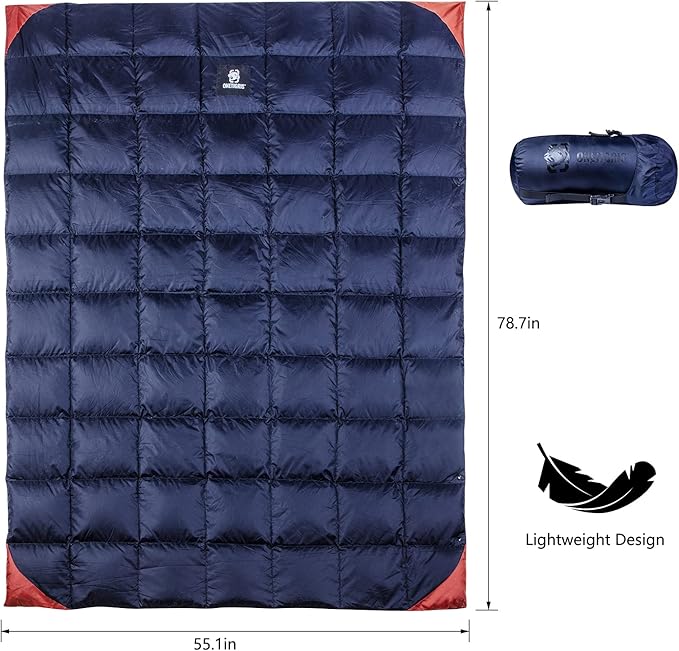 OneTigris Down Camping Blanket for Cold Weather Packable Puffy Backpacking Lightweight Quilt Hiking Gardening Travel Beach Picnic (Blue)
