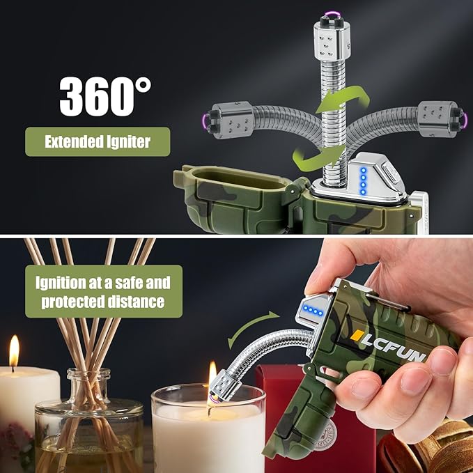 LcFun Electric Lighter USB Rechargeable Arc Lighter Windproof Plasma Lighters with LED Battery Display, Waterproof Electronic Flashlight Lighter with Whistle for Camping, Survival Tactical Gear