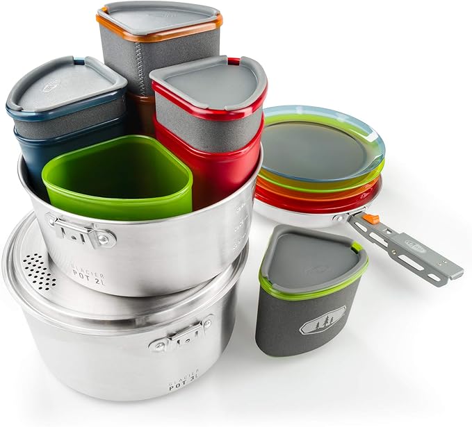 GSI Outdoors Glacier Stainless Camper 4 Person Packable Cookware & Dinnerware Set for Camping or Backpacking