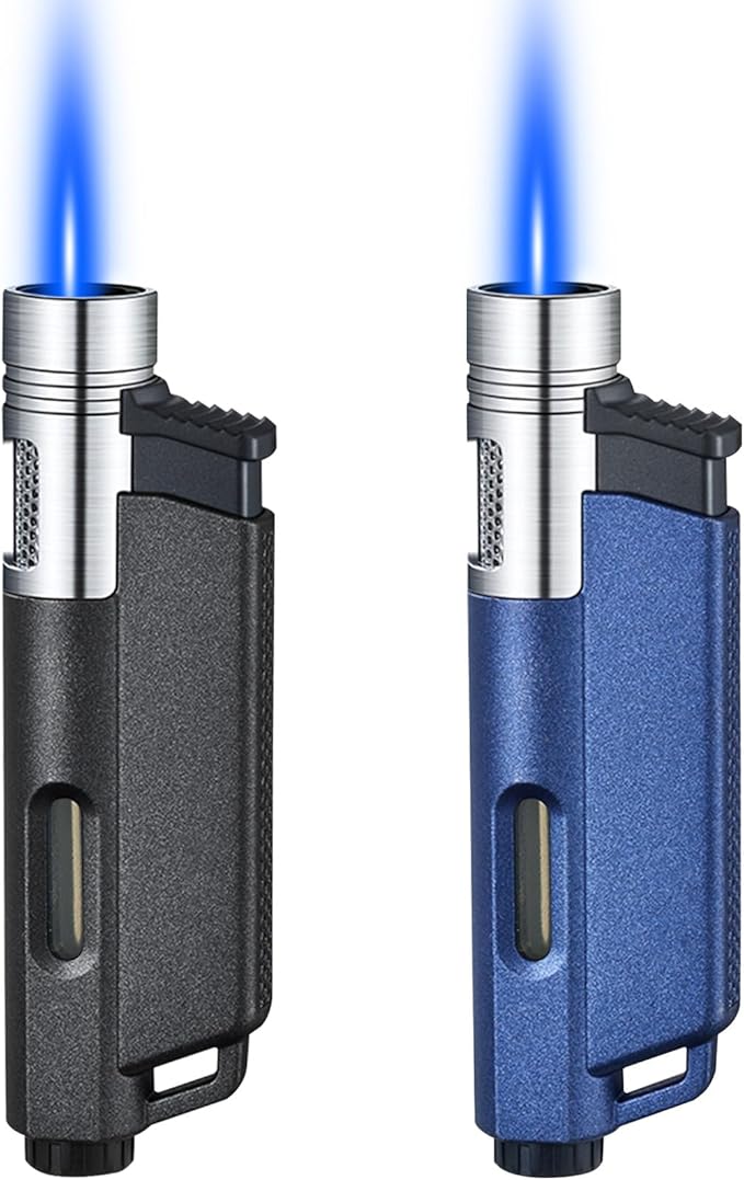 Yeuligo 2 Pack Butane Torch Lighters with Keyhole, Pocket Lighter with Visible Window, Adjustable and Refillable Gas Lighter for Candle Kitchen Fireplace Fireworks, Without Gas(Matte Black+Blue)