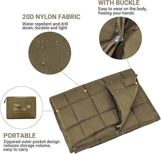 KingCamp Camping Blanket Lightweight, Multifunctional Warm Puffy Outdoor Blanket with Snap Button, Water Repellent, Packable, for Travel, Airplane, Hiking, Picnic