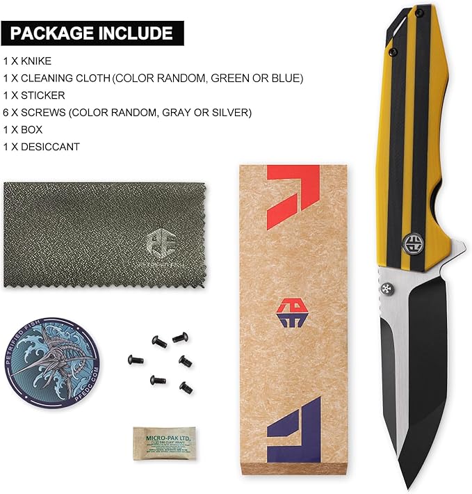 Petrified fish PFP08 Mocado Pocket Knife,3.58" K110 Steel Black Stonewashed Blade, 5.64oz G10 Handle Flipper Liner lock Folding knife (Yellow Black Stonewashed)