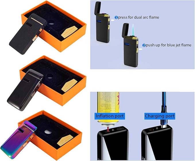 USB Lighters Windproof Rechargeable Dual Arc Lighter Inflatable Lighter Refillable Lighter Matte Black Color for Outdoor Camping Hunting Backpacking Hiking Kitchen