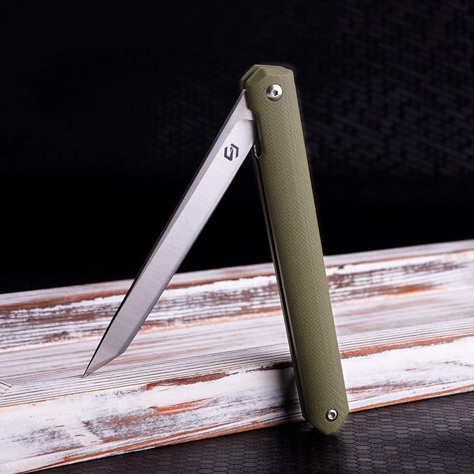 Samior G1035 Small Slim Folding Pocket Flipper Knife, 3.5 inch D2 Tanto Blade, Army Green G10 Handle with Liner Lock Pocket Clip, Gentleman's EDC Knives 1.3oz