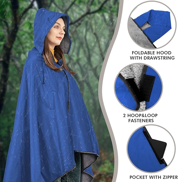 DUKUSEEK Sherpa Waterproof Outdoor Blanket, Large Sherpa Hooded Stadium Blankets for Cold Weather, Portable Wearable Camping Blankets for Concerts, Grass, Car, Boat, Pets, Sporting Events,79x59