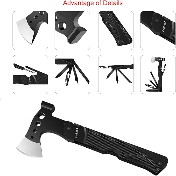 Adventure Multitool Axe Set - 14-in-1 Survival Hatchet for Camping, Hiking, Fishing. Axe, Hammer, Knife, Saw, Opener, Fire Starter, Whistle. Unique and Versatil Gift for Men
