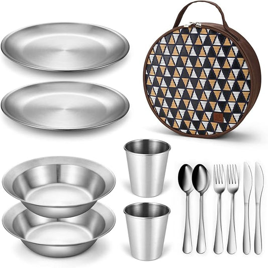 Odoland Camping Complete Messware Kit, Polished Stainless Steel Camp Dinnerware, Camping Cooking Tableware, Cutlery Organizer Utensil with Plates and Bowls Set for Backpacking, Hiking, Picnic