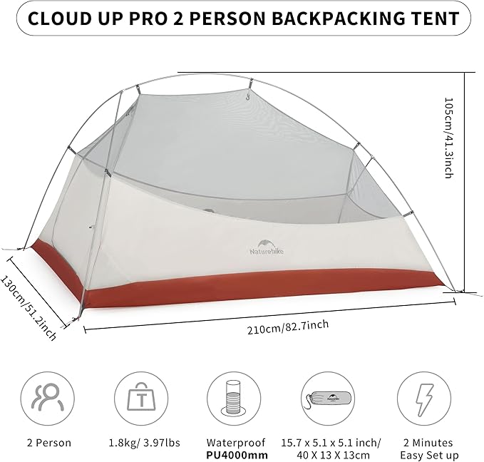 Naturehike Cloud-Up 2 Person Tent Lightweight Backpacking Tent with Footprint - Free Standing Ultralight Camping Hiking Backpack Tents Two Person Tent