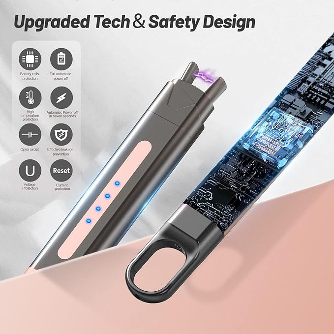 VEHHE Candle Lighter, Electric Lighter Rechargeable with Safety Lock and LED Battery Display, USB Long Lighter for Candle, Windproof & Flameless Arc Lighter Rose Gold