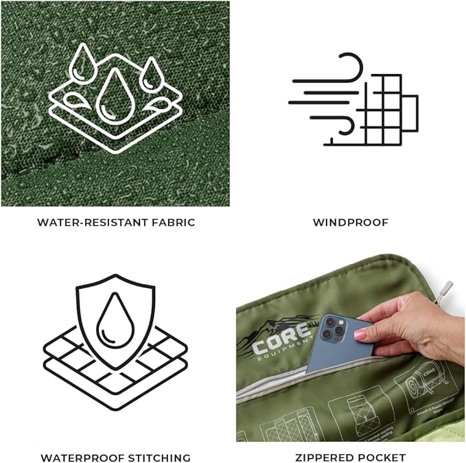CORE Outdoor Weighted Blanket | Packable Waterproof Picnic Blanket, Beach Mat, Tent Camping Rug, & Stadium Blanket | Large Portable 94" x 78" Quilt Design with Built-in Straps and Carry Handle