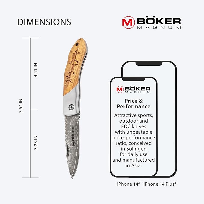 Boker Magnum 01RY818DAM Caveman Damascus Pocket Knife with 3 1/4 in. Damascus Steel Blade, Brown