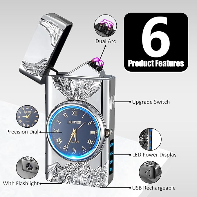 Cool Lighter with Clock Dial Electric Lighter with LED Power Display Plasma Lighter Windproof USB Rechargeable Lighter Gifts for Men Women (Eagle-Silver)