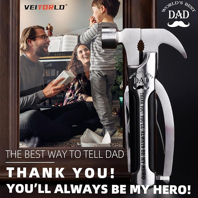 VEITORLD Gifts for Dad from Daughter Son Kids, Unique Birthday Gift Ideas for Men Stepdad Papa, All in One Tools Hammer Multitool with Engraved Wooden Box, Cool Camping Hunting Gadgets