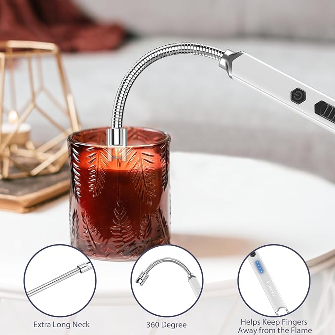Electronic Candle Lighter Arc Windproof Flameless USB Rechargeable Electric Lighter (1 Pack - White)