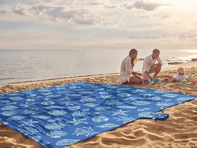WEKAPO Beach Blanket Waterproof Sandproof Oversized, Extra Large Beach Mat Sand Free, Lightweight & Compact Sand Free Mat with 6 Stakes & 4 Corner Pockets