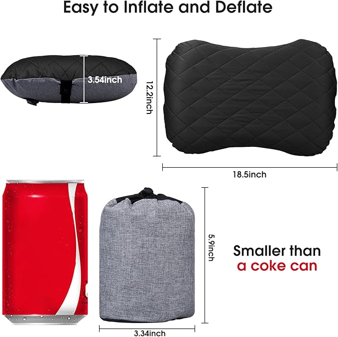 Inflatable Camping Pillow with Removable Cover - Ultralight Compact Camp Pillows for Sleeping, Backpacking, Hiking, Beach, Outdoor - Portable Blow Up Air Travel Pillow for Neck & Lumbar Support -Black