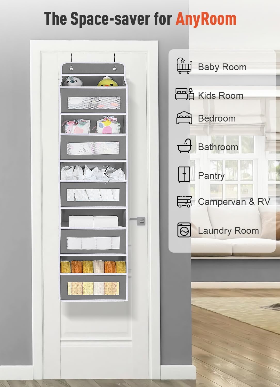 2 Pack Over The Door Organizer Storage, 5 Shelf Hanging Door Organizer with 10 Large Capacity Pockets, Anti Tilt 44 lb Load Behind Door Storage for Bedroom, Bathroom, Pantry, Nursery, (Grey)