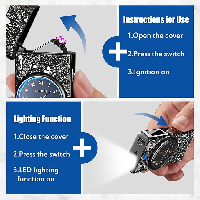Cool Lighter with Clock Dial Electric Lighter with LED Power Display Plasma Lighter Windproof USB Rechargeable Lighter Gifts for Men Women(BlackDragon)