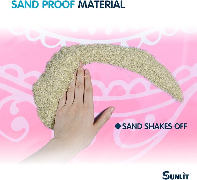 Sunlit 10'x9' Extra Large Boho Sand Proof Beach Blanket, Sand Proof Mat with Corner Pockets and Mesh Bag for Beach Party, Travel, Camping and Outdoor Music Festival, Blue and Pink Circle Mandala