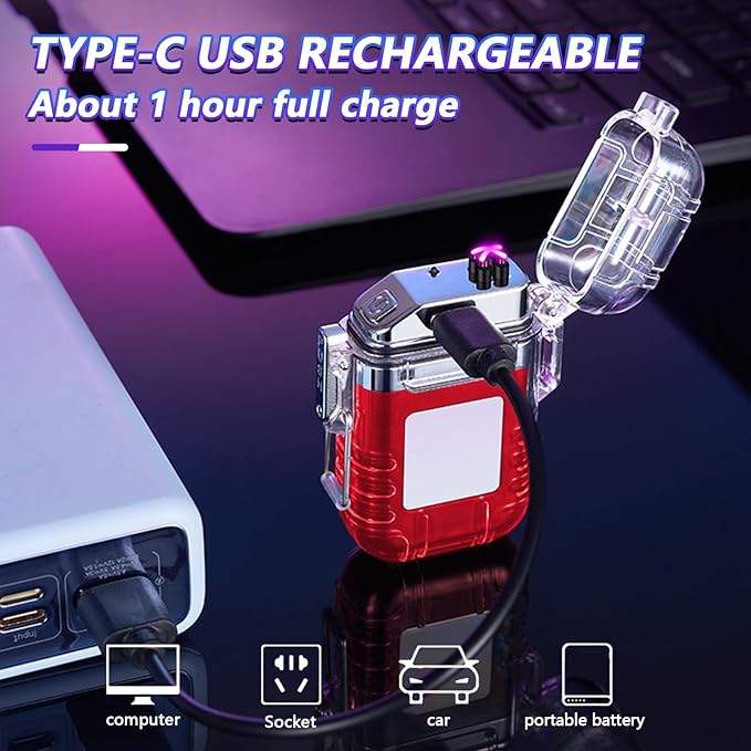 BABOBIU Electric Lighter Arc Lighter Flameless USB Rechargeable Lighter Waterproof Windproof Lighter with Portable Flashlight for Candles, Incense, Fireworks (Red)