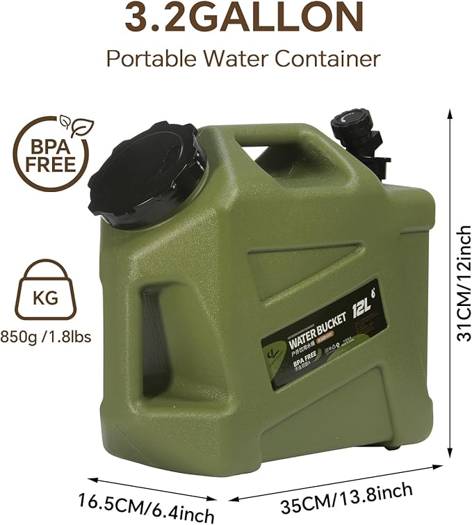 3.2 Gallon Water Jug, Camping Water Container Water Storage with Spigot No Leakage Portable Emergency Water Tank for Outdoor Hiking Camping Essential Picnic Supplies Green