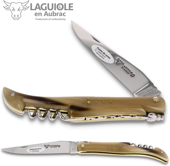 Laguiole en Aubrac Handmade Knife 12 cm Corkscrew L0612PCLF, Full Horn tip Handle, Blade Stainless Steel Shiny