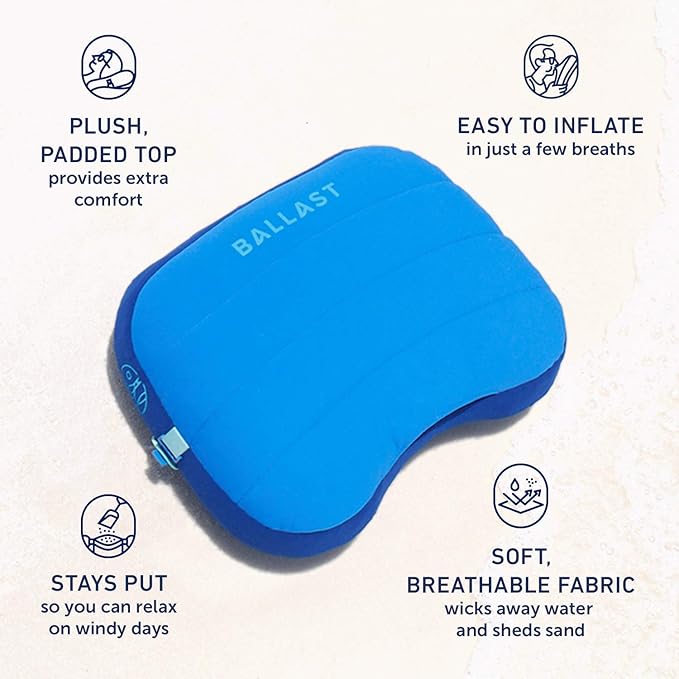 Ballast Beach Pillow – Inflatable Beach Pillow, Camping Pillow, Pool Pillow, Ultra Soft and Durable Pillow That Won’t Blow Away on Windy Beaches (Palace Blue)