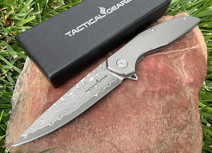 TACTICAL GEARZ Damascus Pocket Knife! Tc4 Titanium Handle! 67 Multi Layered Damascus Steel Blade w/VG10 Core! (Volan XT Beast Bundle)
